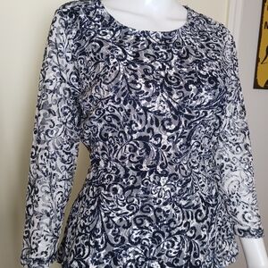 Rafaella Navy and White Lace-Effect Long Sleeve Dress